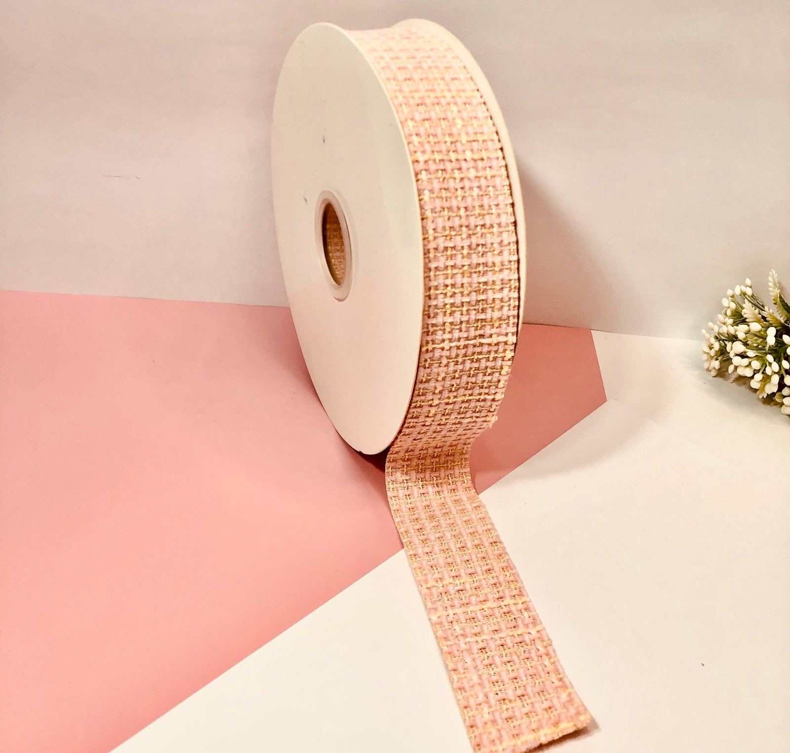 Fita de Linho - Rosa com Bege - 38mm - 2 Metros
